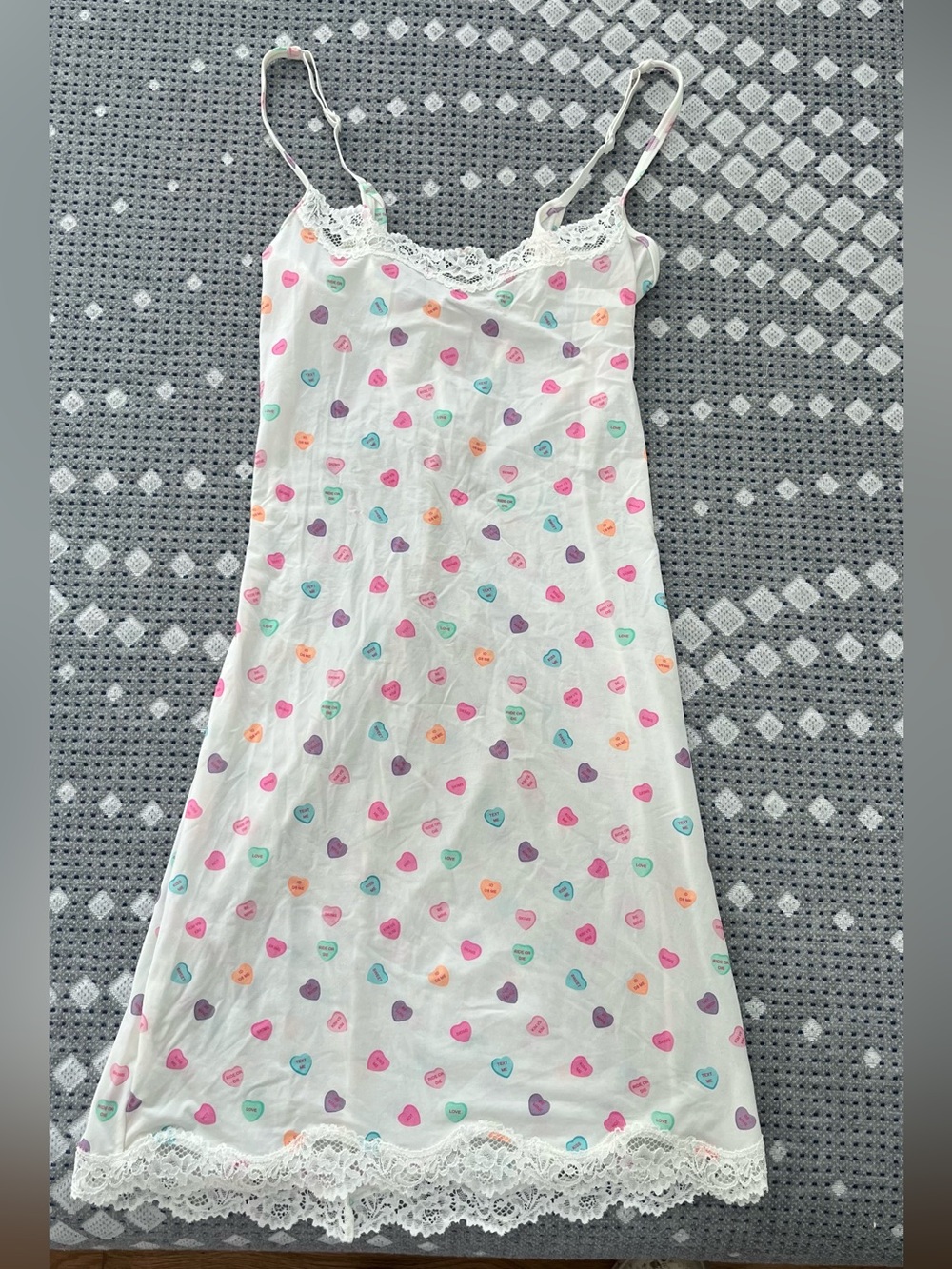 SKIMS White Rosé Lace-Trim Slip Dress Candy Heart Print Rare Valentines Day NWT